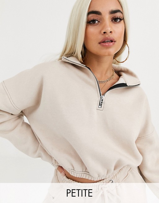 Missguided Petite co-ord zip neck cropped sweatshirt in sand