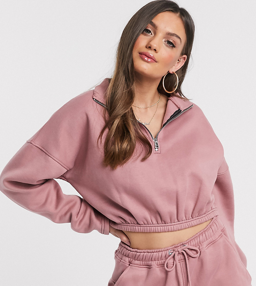 Missguided Petite - Combi-set met cropped sweatshirt met rits vooraan in roze