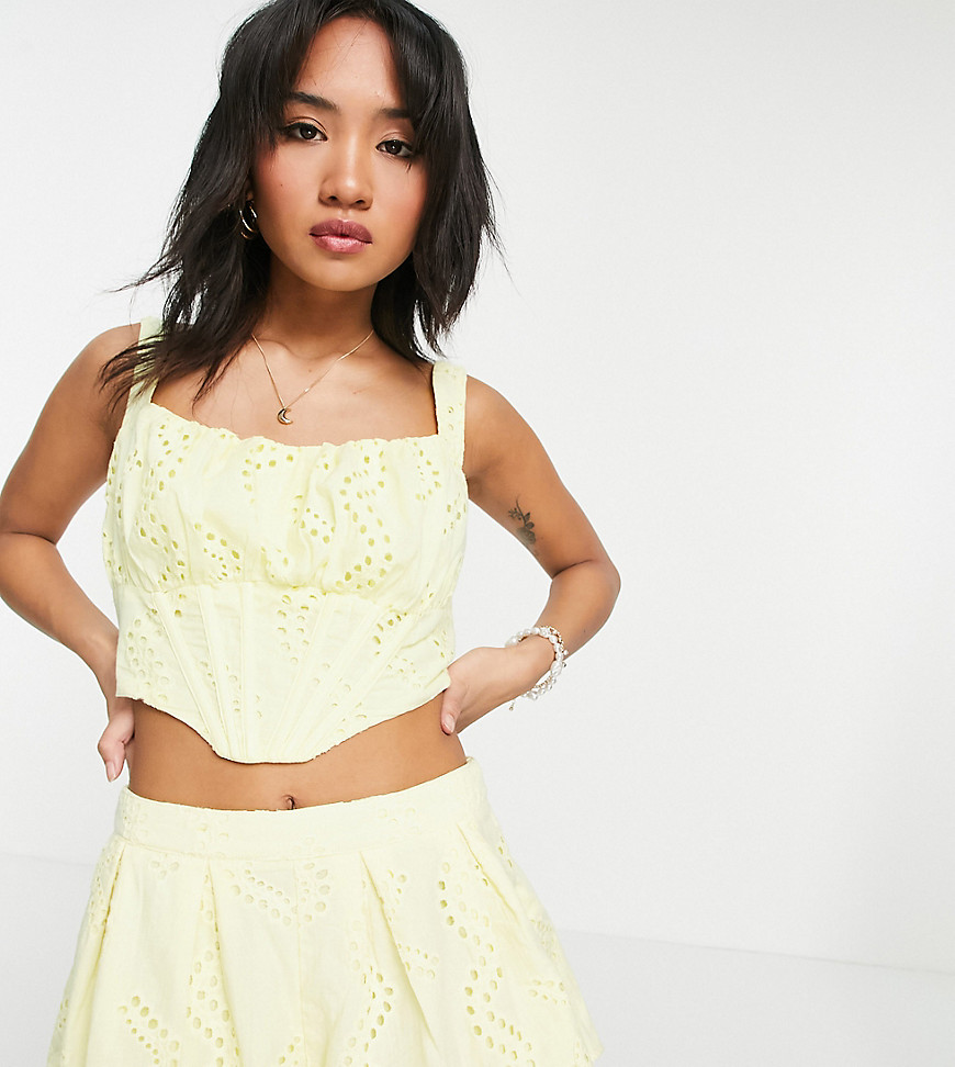 Missguided Petite corset top in yellow eyelet - part of a set