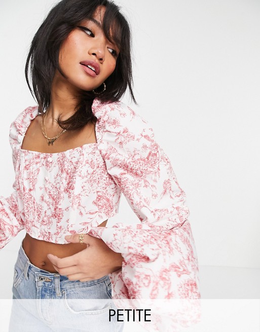 Missguided Petite corset top with balloon sleeve in pink print