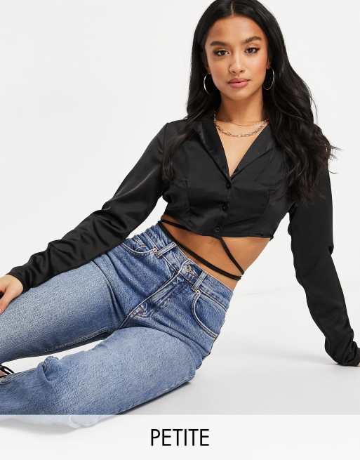 Missguided Navy Long Sleeve Satin Cropped Blouse