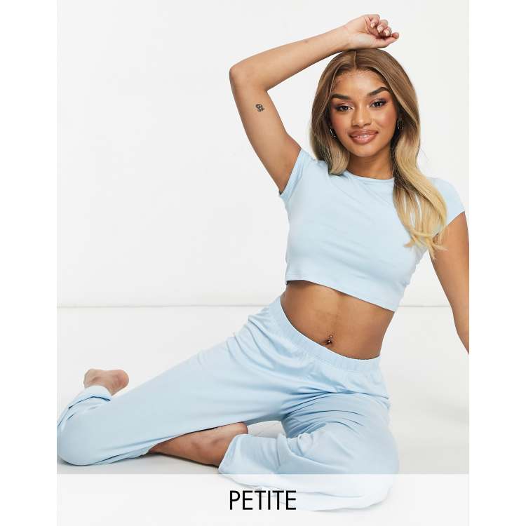 Missguided Petite crop top and wide leg pyjama set in baby blue