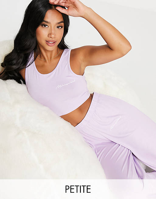 Missguided Petite crop top and wide leg trouser embossed pyjama set in lilac
