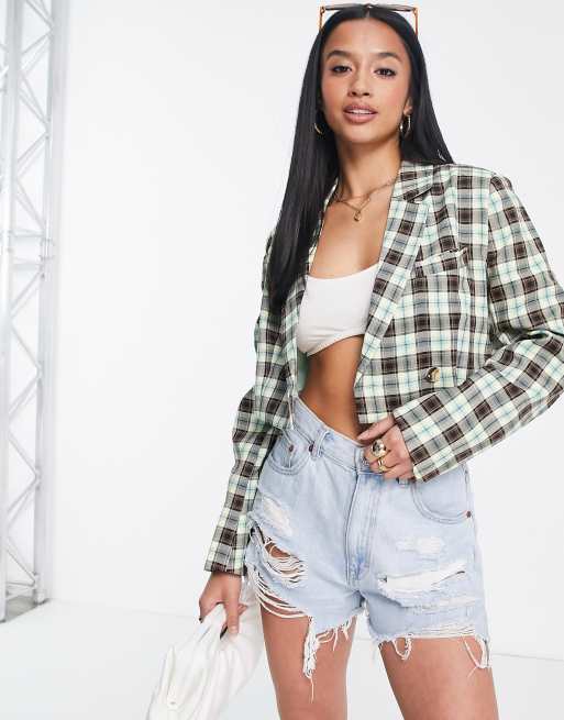 Missguided Petite cropped blazer in check (part of a set) ASOS