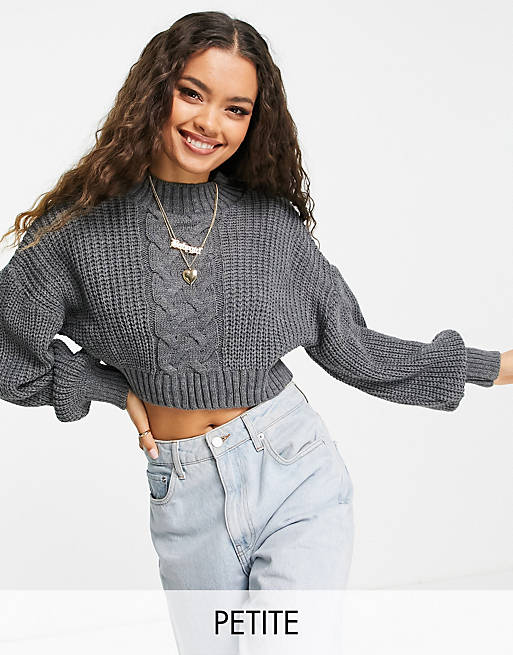 Missguided Petite cropped cable knit jumper in charcoal
