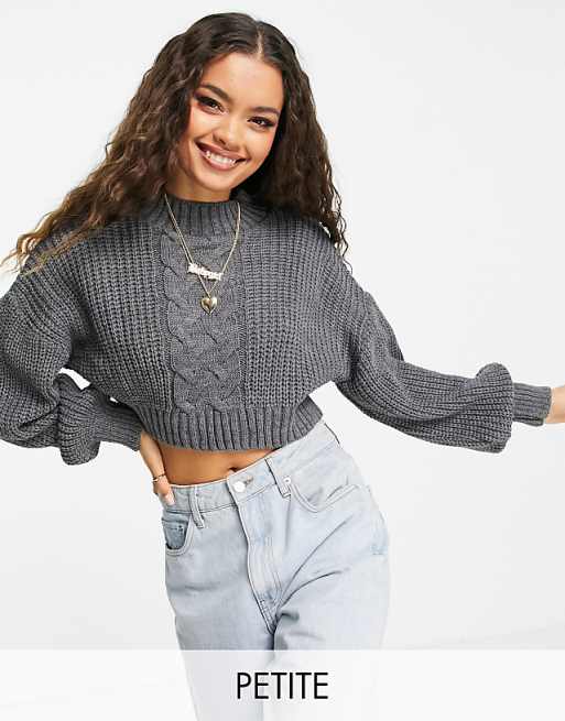 Missguided Petite cropped cable knit jumper in charcoal ASOS Missguided Petite cropped cable knit jumper in charcoal ASOS