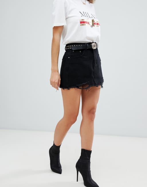 Missguided petite denim 2025 mini skirt in black