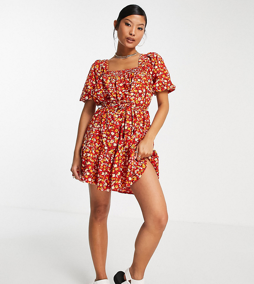 Missguided Petite Ditsy Floral Smock Mini Dress In Red