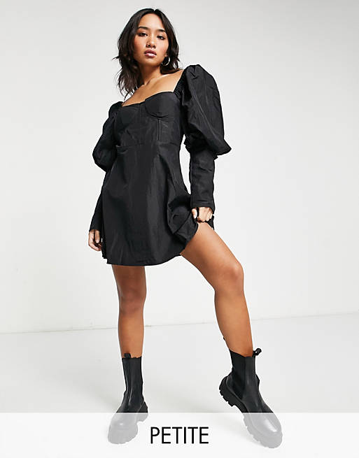 Missguided Petite dress with cup detail and puff sleeve in black