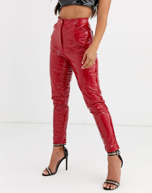 Red store vinyl pants