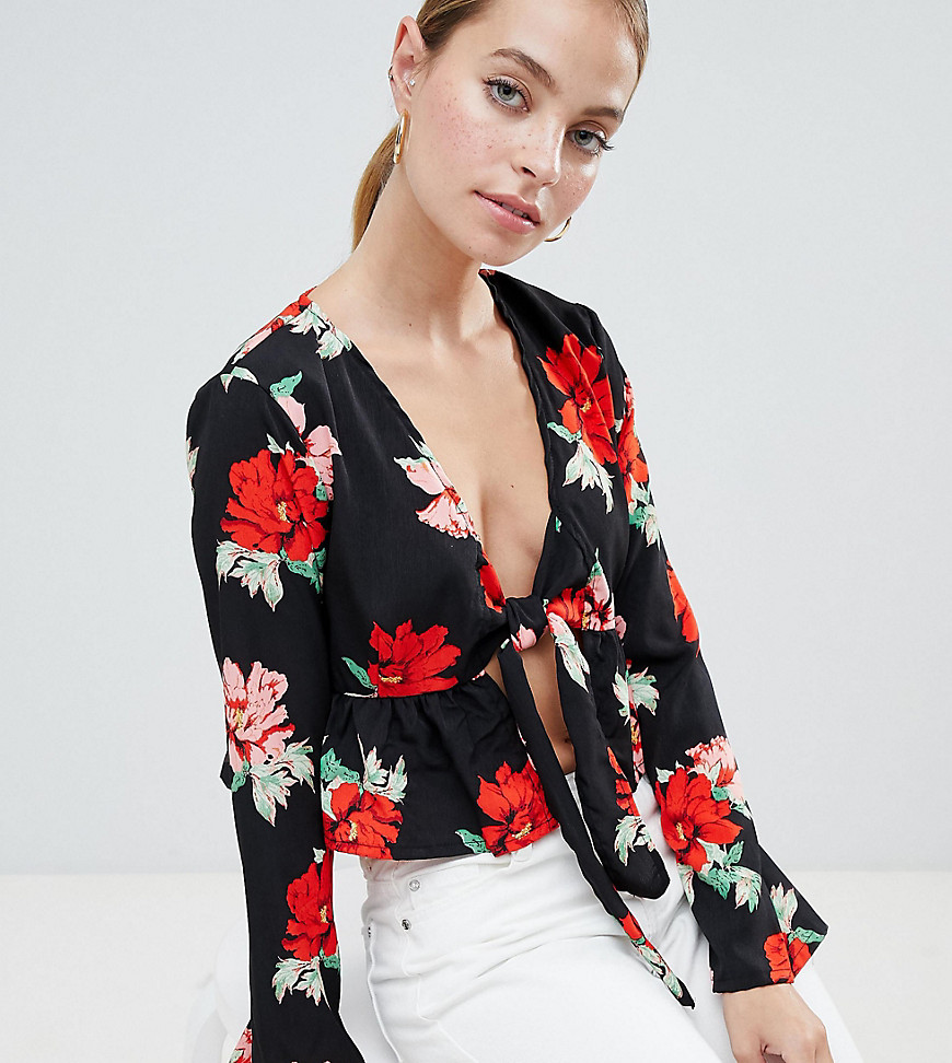 Missguided Petite exclusive petite tie front blouse in black floral