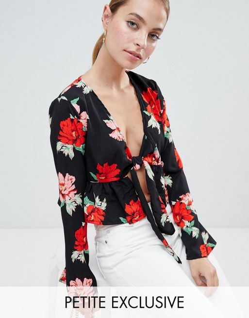 Missguided Petite exclusive petite tie front blouse in black floral | ASOS
