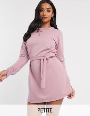 Missguided Petite exclusive sweater dress with tie waist in pink