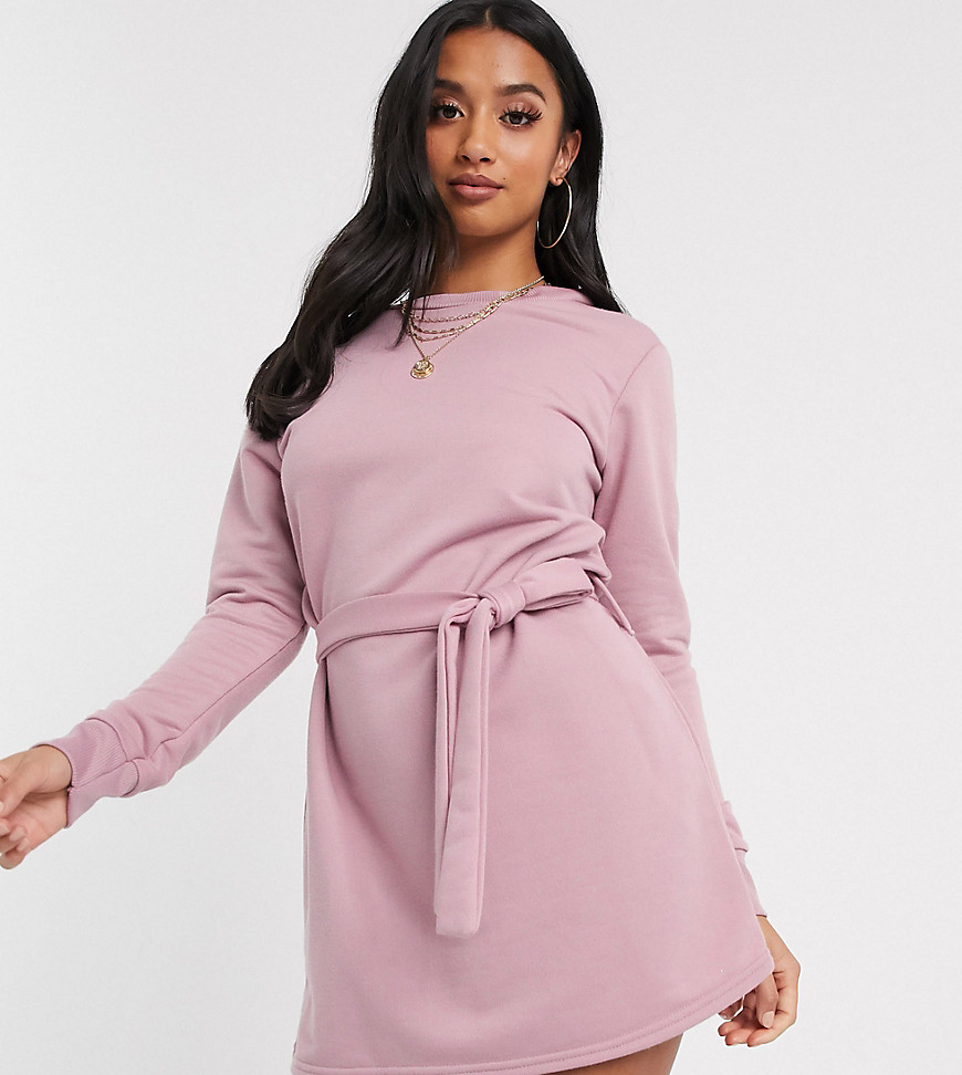 Missguided Petite exclusive sweater dress with tie waist in pink