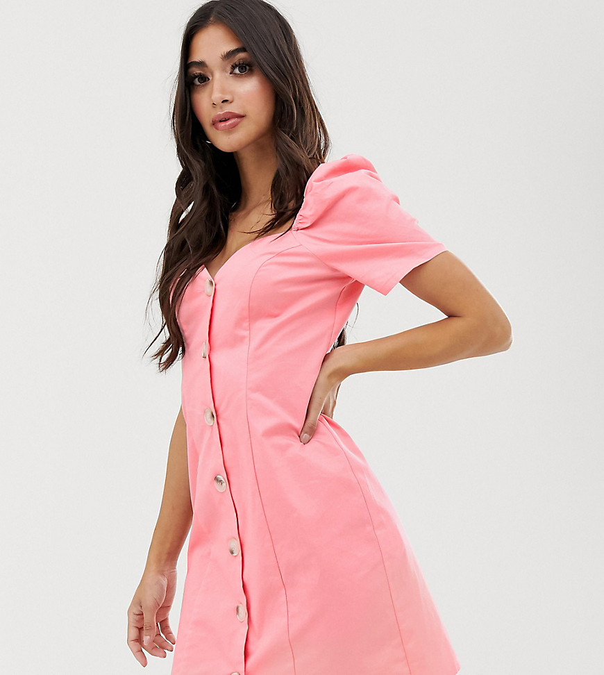Missguided Petite exclusive sweetheart neck mini dress with puff sleeves in pink