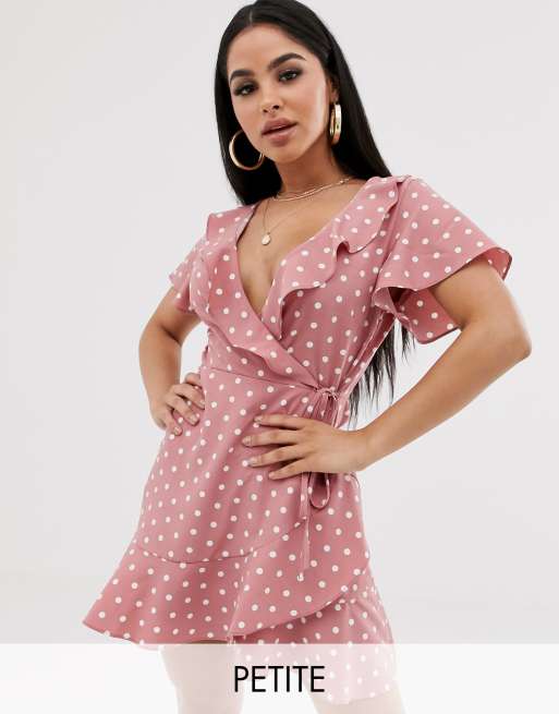 Petite polka dot clearance ruffle wrap tea dress