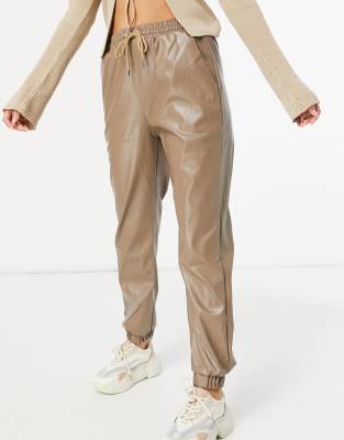 cream leather joggers zara