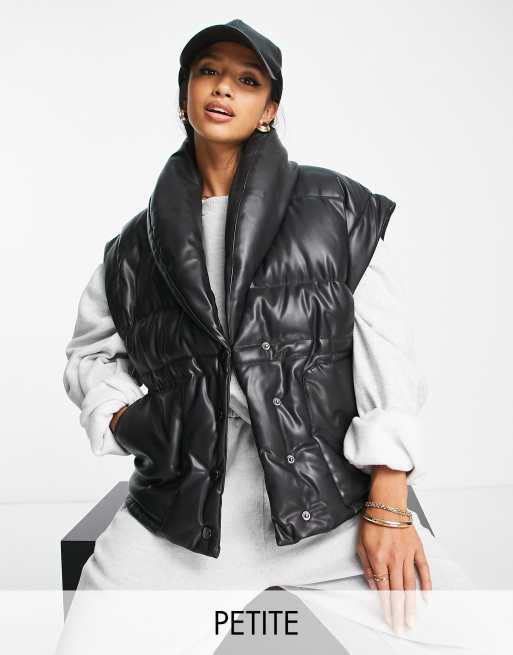 Missguided Petite faux leather puffer vest in black