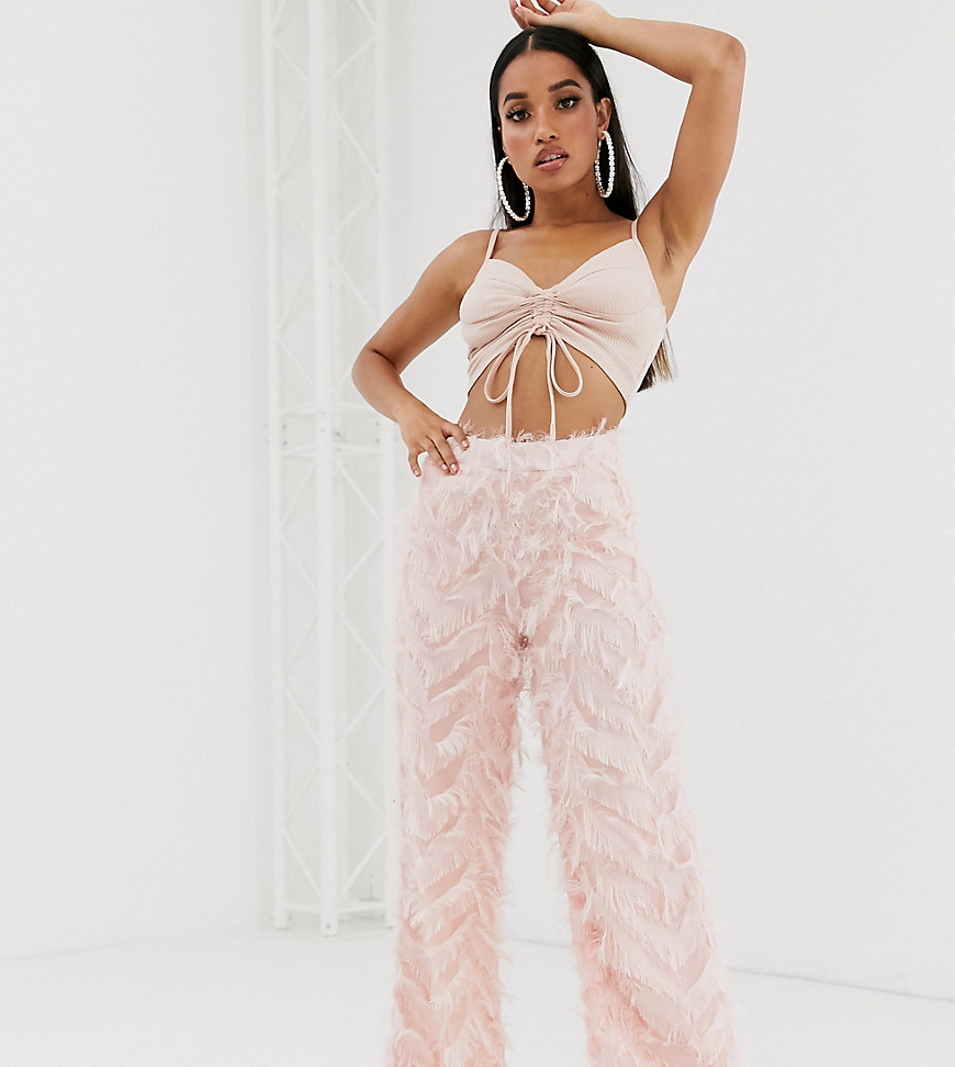 Missguided Petite feather look wide leg trousers in pink