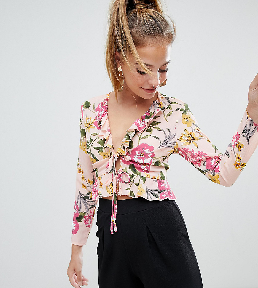 Missguided Petite Floral Tie Front Ruffle Blouse-Pink