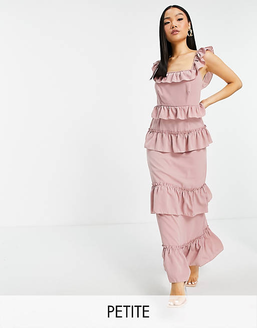 Missguided Petite frill detail maxi dress in pink | ASOS