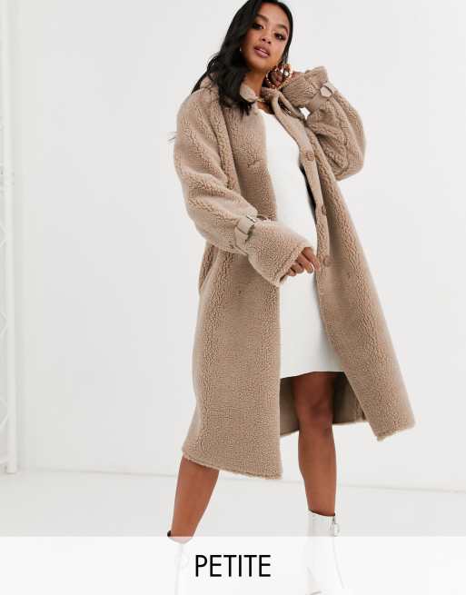 Missguided Petite funnel neck borg coat in beige