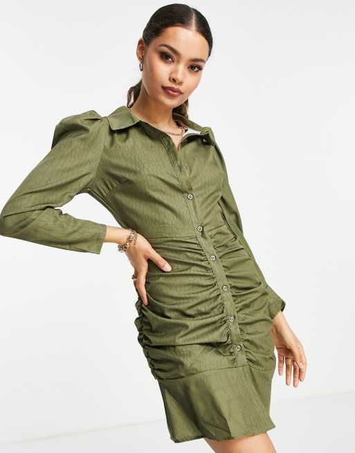 Missguided Petite - Gerimpelde mini-overhemdjurk in khaki, 3 van 4