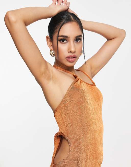 Missguided Petite - Gladde midaxi jurk met bandjes in bruin, 3 van 4