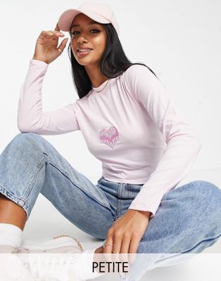 Missguided Petite good vibes long sleeve tee in pink