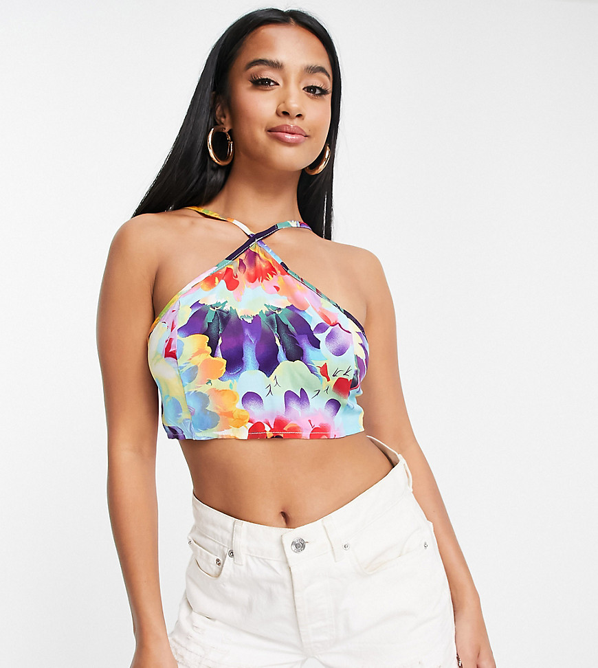 Missguided Petite Halter Neck Crop Top In Floral - Part Of A Set-multi