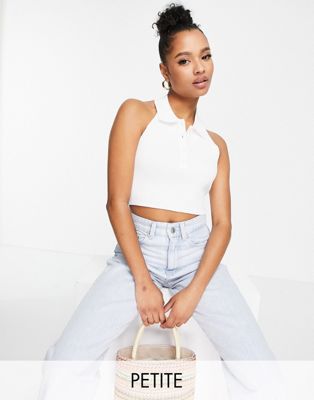 Missguided Petite halter neck crop top with collar in white