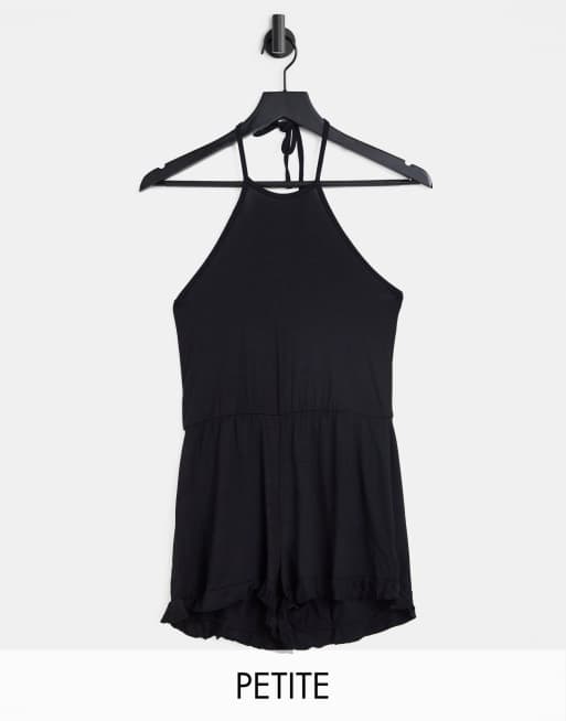 Missguided Petite halter neck frill detail playsuit in black