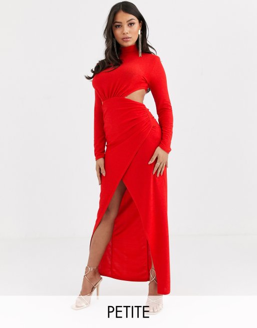 Missguided Petite high neck cut out wrap maxi dress in red sparkle