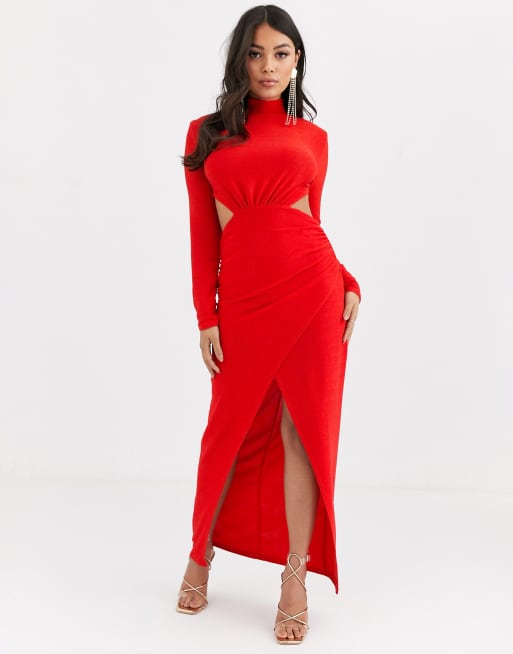 Missguided Petite high neck cut out wrap maxi dress in red sparkle