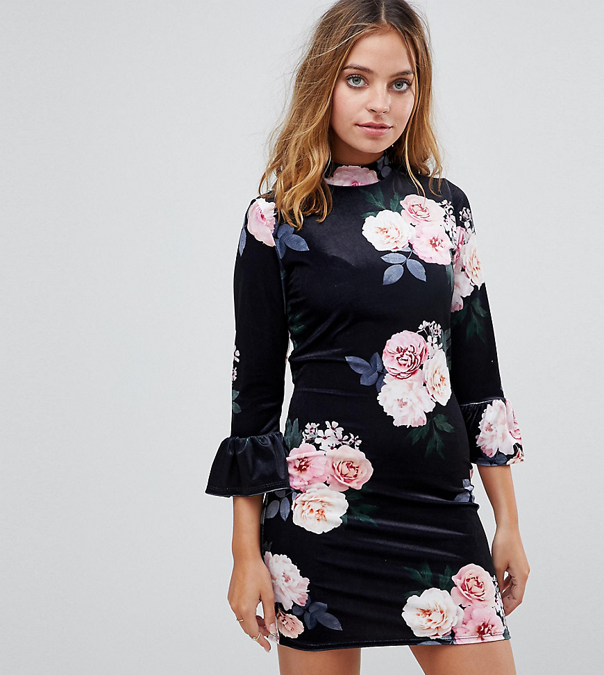 Missguided Petite High Neck Floral Velvet Dress-Multi
