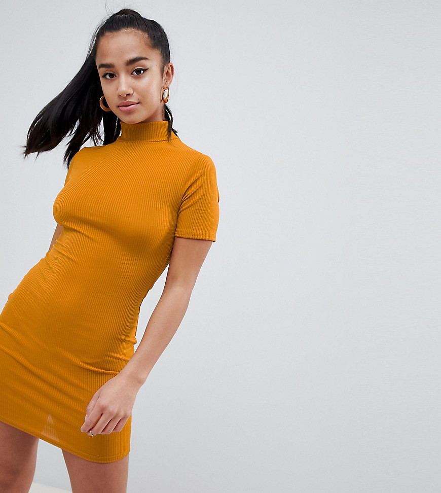 Missguided Petite High Neck Ribbed Bodycon Dress-Gold