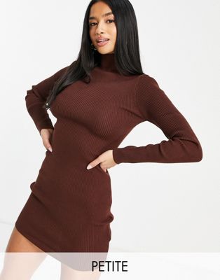 Missguided Petite high neck ribbed knit mini dress in chocolate