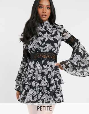 high neck black floral dress