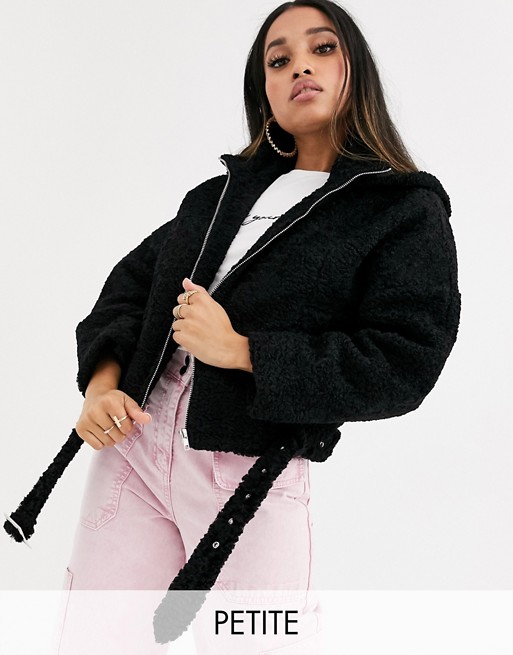 Missguided Petite hooded borg jacket in black
