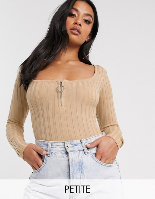 Missguided Petite knitted bodysuit with ring zip in sand