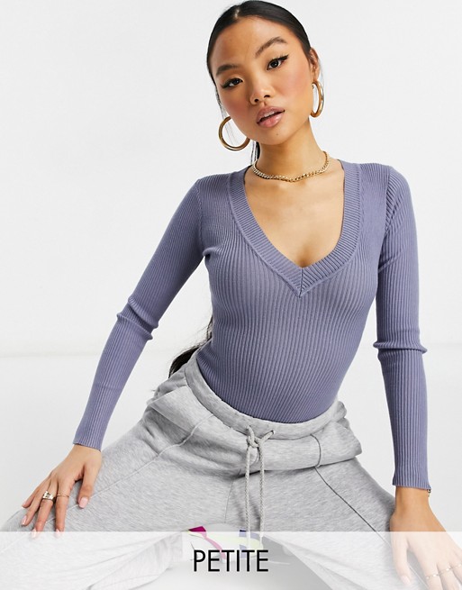 Missguided Petite knitted bodysuit with v neck in blue