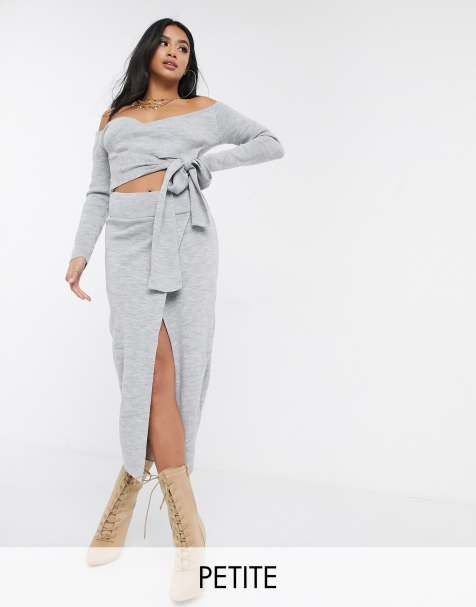 Missguided Petite – Kurz geschnittener Strickrock in Grau mit Wickeldesign, Kombiteil