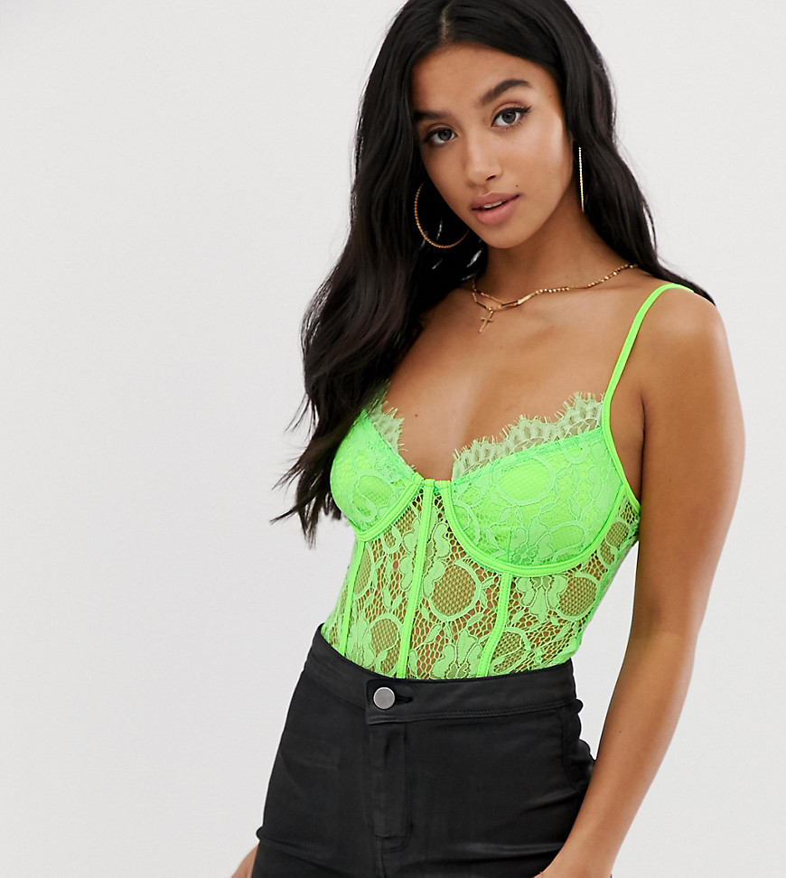 Missguided Petite lace cami body in neon green