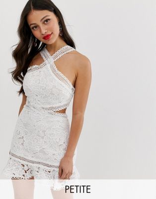 Missguided Petite lace cut out midi dress in white