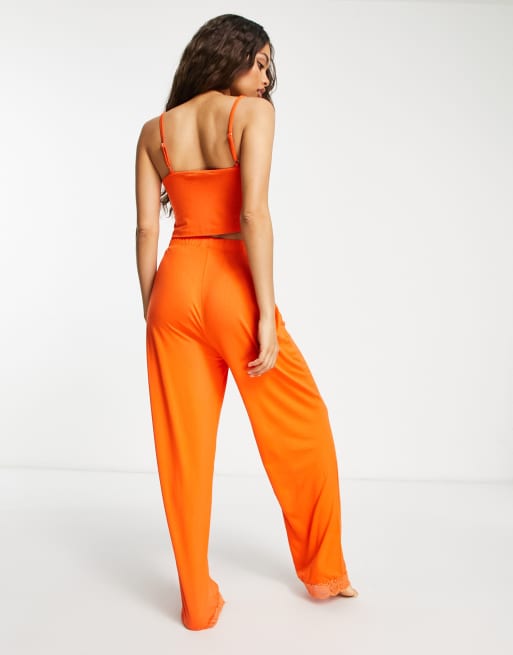 Missguided Petite lace trim cami and pants pajama set in orange, 2 of 4