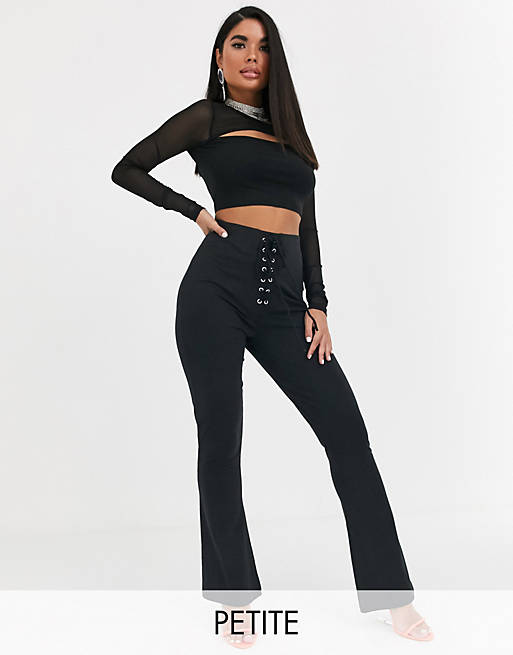 Missguided Petite lace up waist detail flared pants in black | ASOS