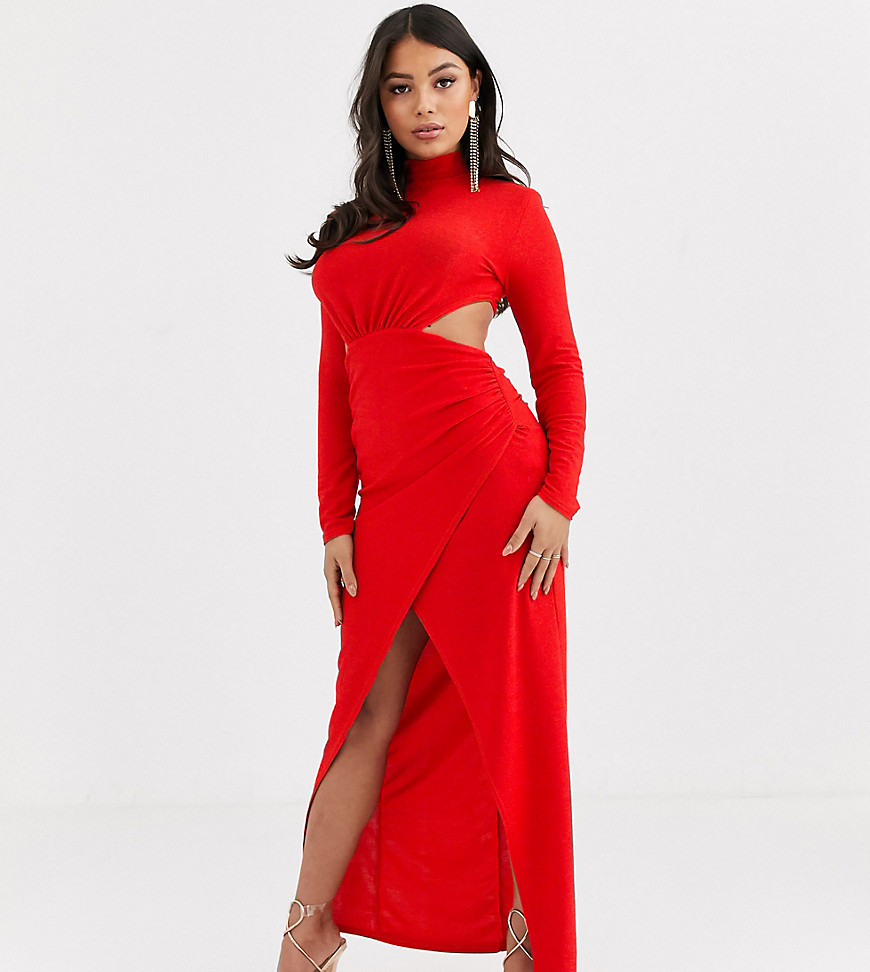 Missguided Petite - Lange hoogsluitende jurk met uitsnede in rood