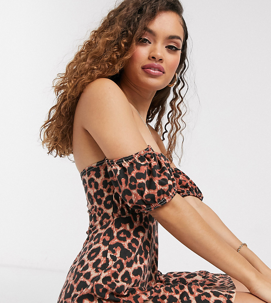 Missguided Petite – Leopardmönstrad miniklänning med puffärmar och singoallaringning-Flerfärgad