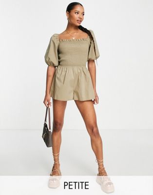 Missguided Petite linen look playsuit with lace up back in stone