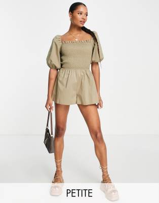 Missguided Petite linen look playsuit with lace up back in stone - ASOS Price Checker